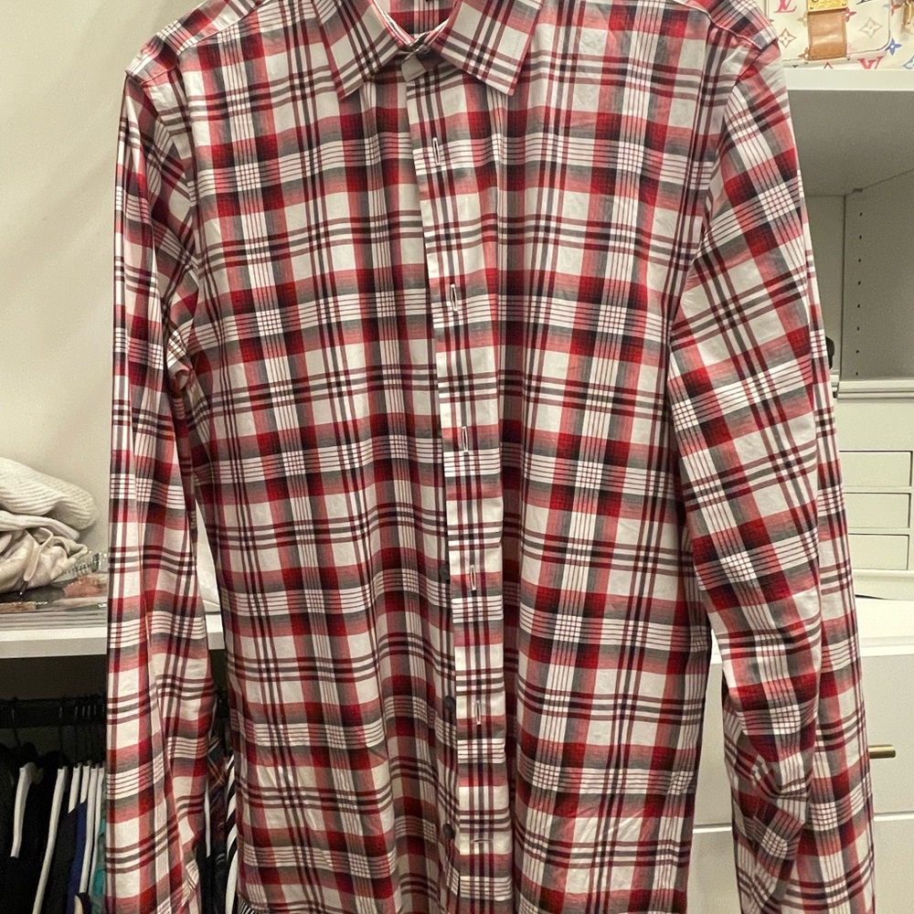 Express Men's Med Red Plaid Shirt